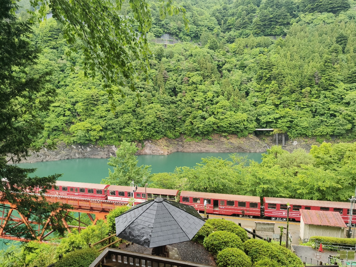 奥大井湖上駅のカフェと接岨湖の眺め